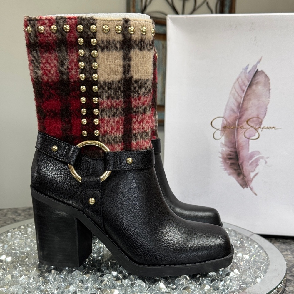 Jessica Simpson Black Leather Booties with Red & Tan Plaid Shaft NEW 6
